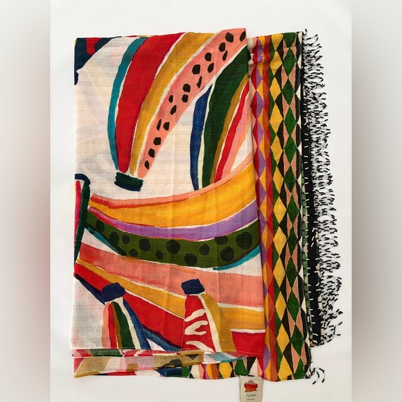 Farm Rio FARM Rio Beach Vibrant Multi Banana Sarong Wrap Scarf Beaded Fringe - Picture 7 of 15